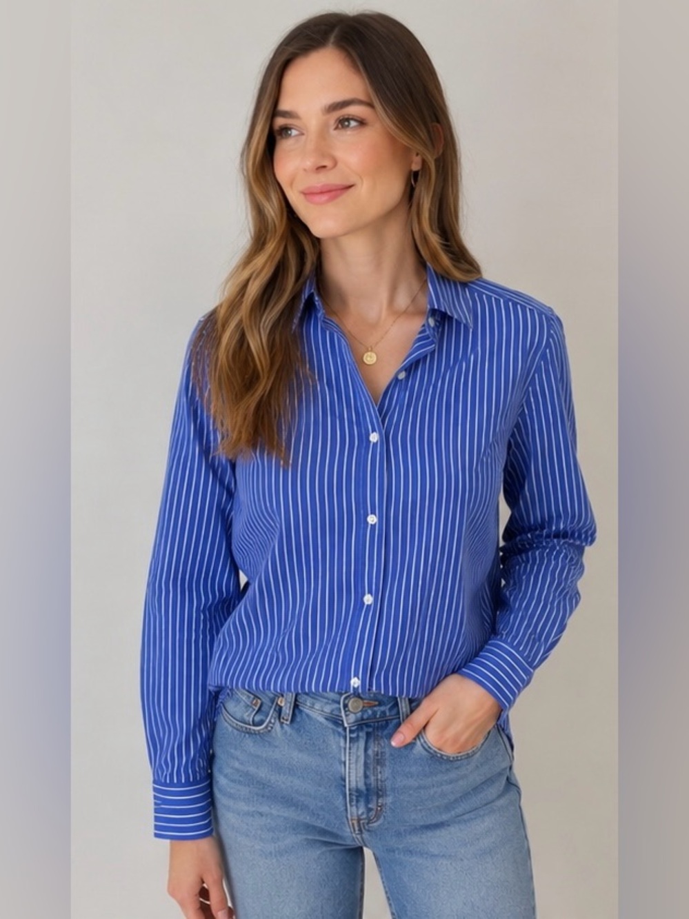 L.L. Bean Royal Blue and White Pinstripe Button-Down Shirt